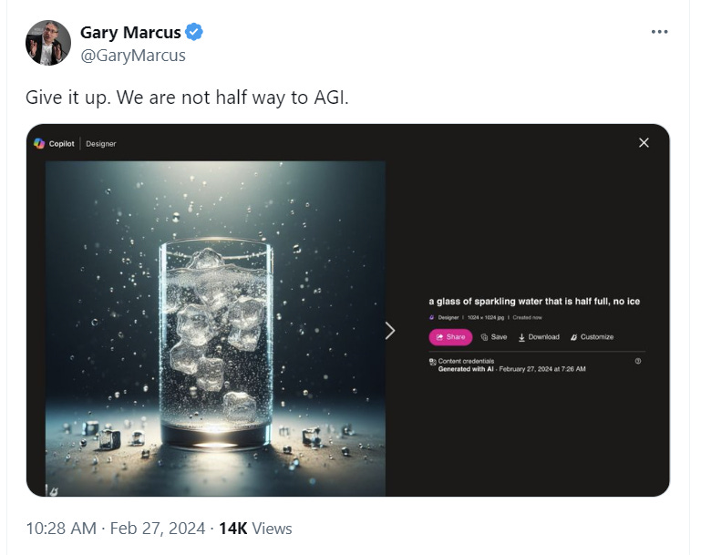 Microsoft Copilot generates a full glass of water with ice when prompted to generate an image of a glass of water half full without ice.
