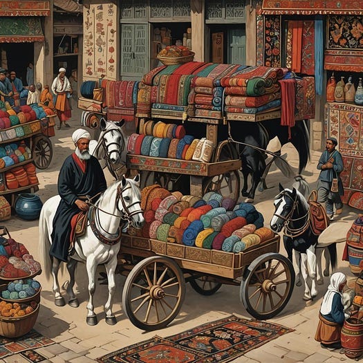 Merchant on a horse with a cart full of goods.