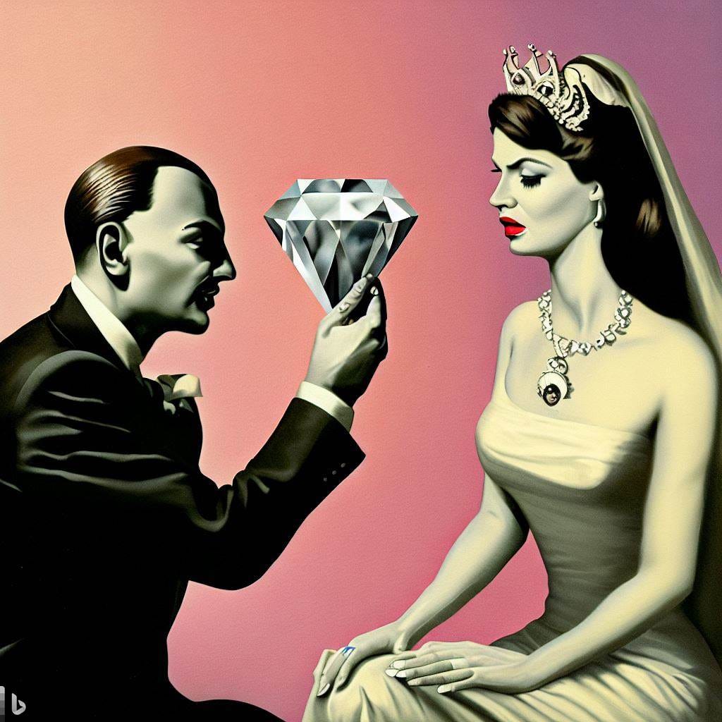 Man kneeling holding a giant diamond to a woman in bridal outfit who eyes the diamond morosely
