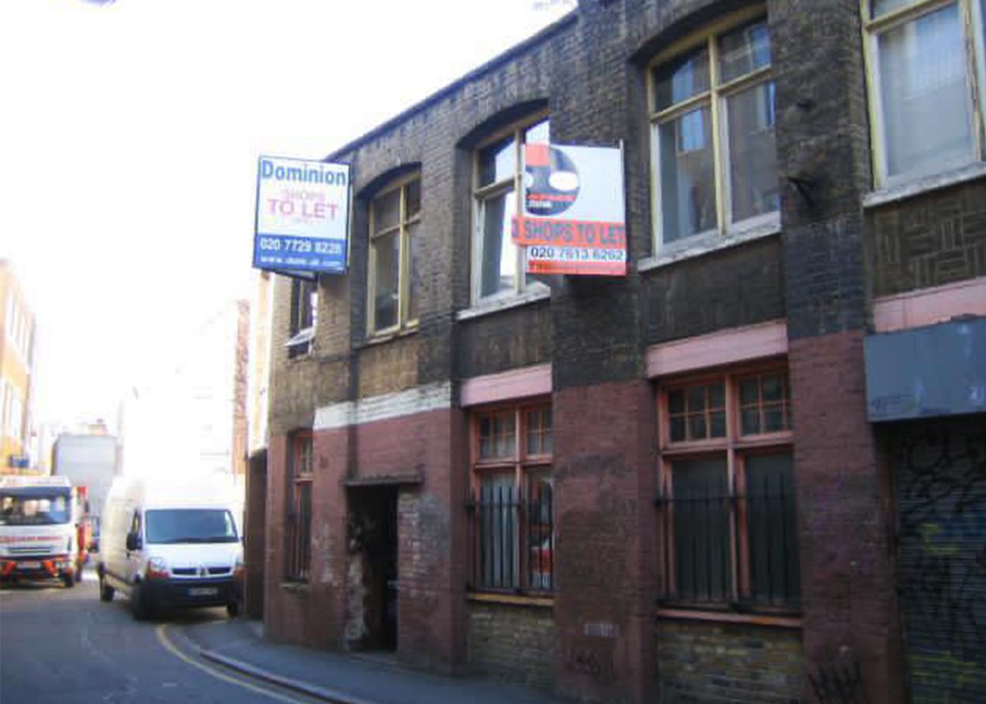 Wide shot of a light industrial building on Rivington Street, Shoreditch, London