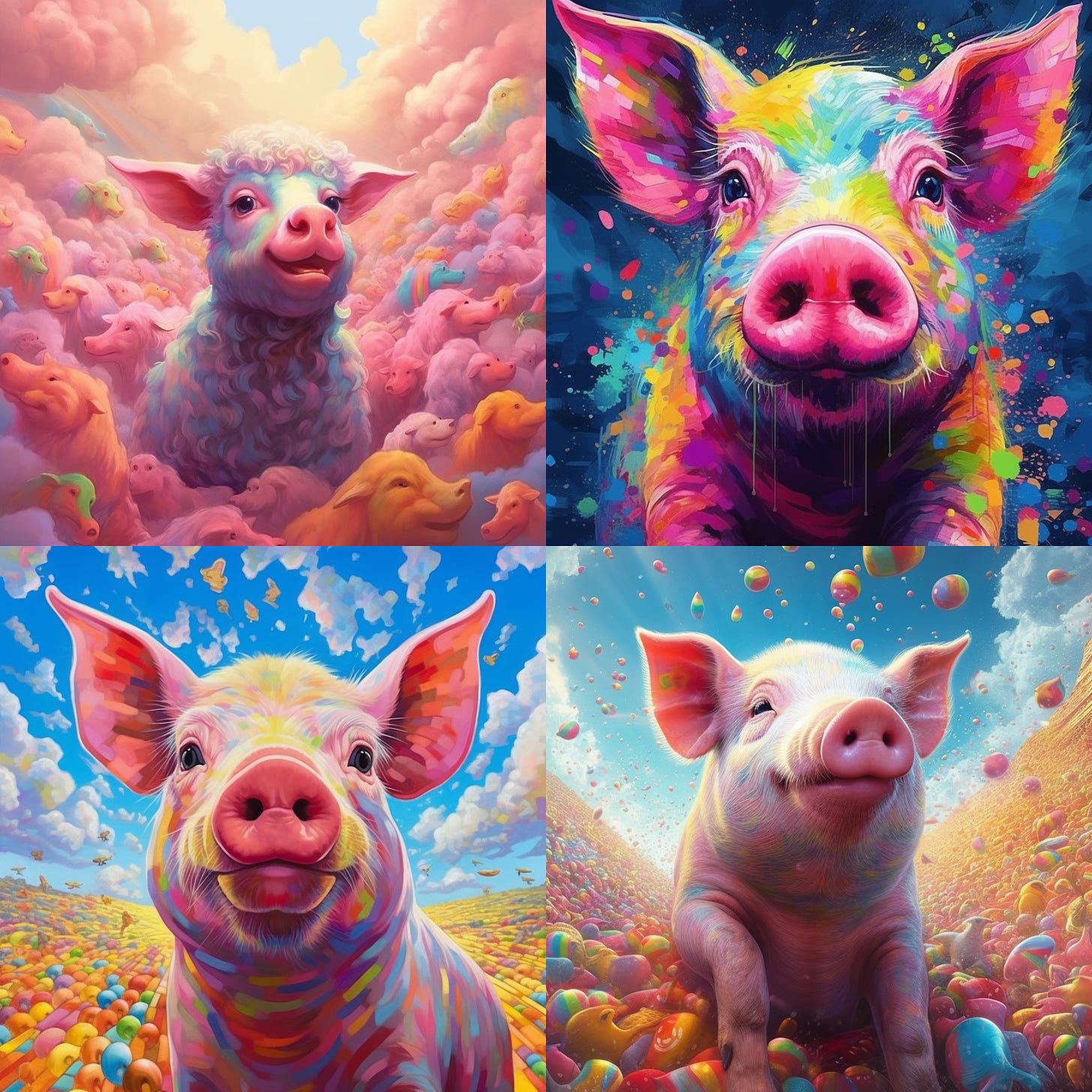 Midjourney V5.1 results for the pig + rainbow emoji combo. 4-image grid.