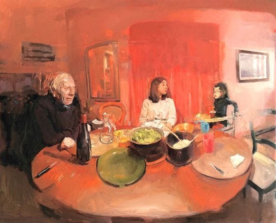 This may contain: an oil painting of three people sitting at a table with food and drinks in front of them