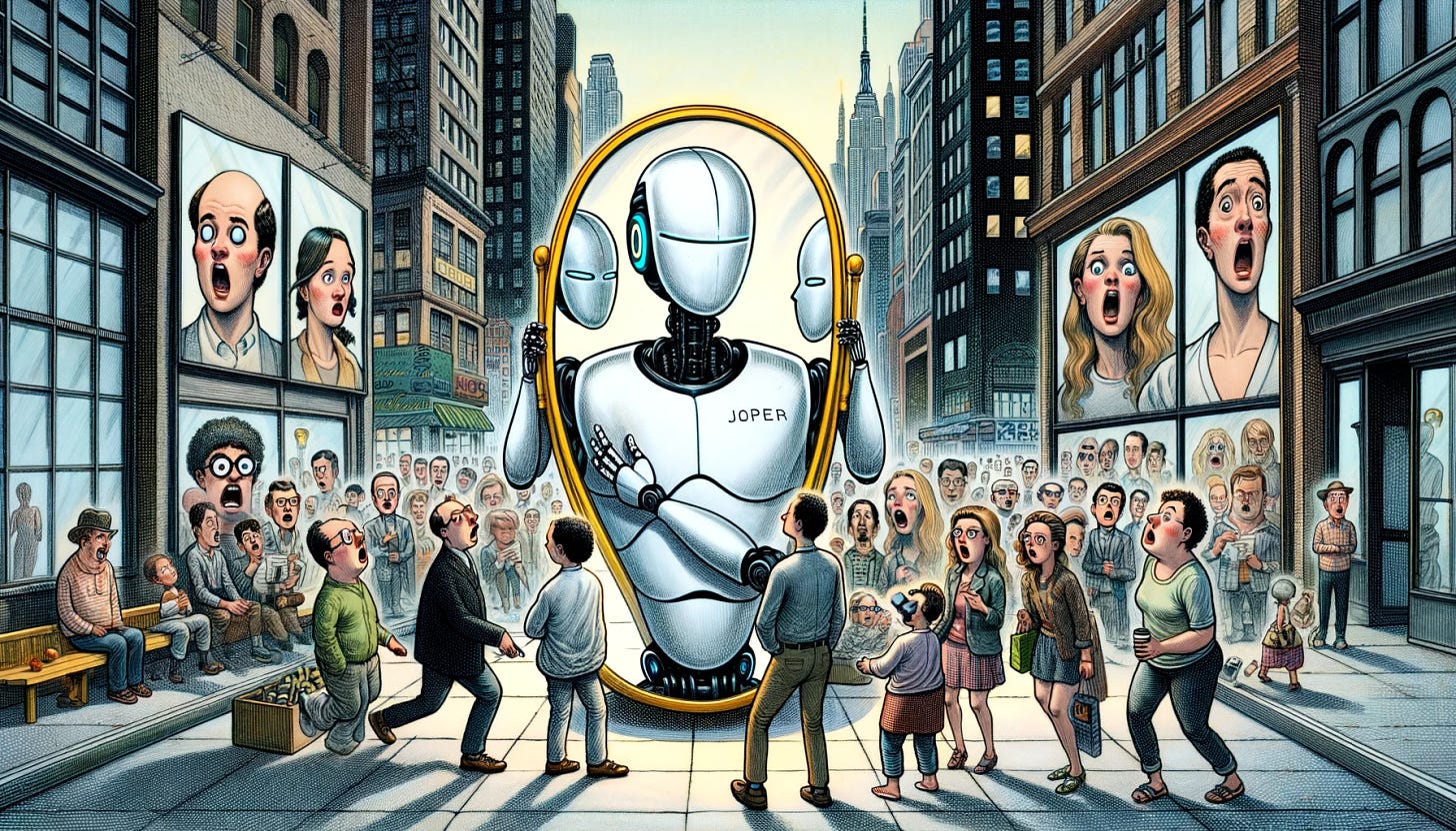A New Yorker-style cartoon in a wide format. The scene is set in a bustling, modern city, perhaps New York. In the center, there's an AI robot, large and sleek, holding a mirror. Reflected in the mirror are various people from different walks of life, each with exaggerated expressions showing their attitudes, desires, and perceptions. Some are shocked, others amused, a few are critical, and some are introspective. The background is bustling with city life. The style is witty, with a touch of sophistication and satire. The scene is reminiscent of 'The Emperor's New Clothes' theme, subtly hinting at the irony of human nature and its reflection in AI.