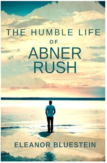 Book cover of The Humble Life of Abner Rush, by Eleanor Bluestein. A young man shown from the back looking out over the ocean at low tide with a layer of high clouds above