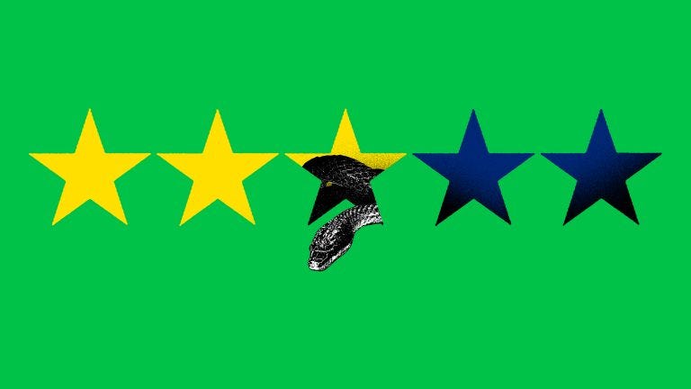 An illustration on a green background, showing five stars in yellow and blue with a snake coming out of the middle.