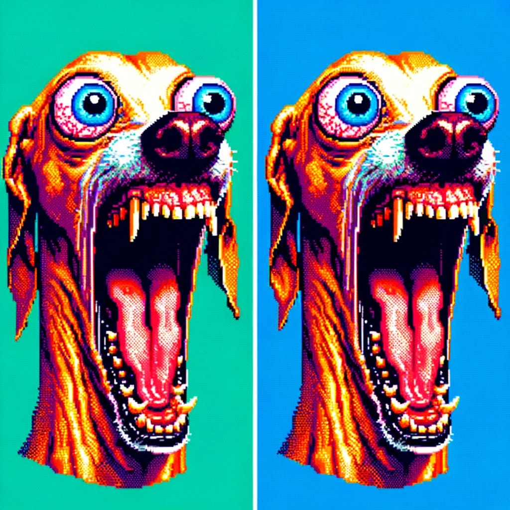 Create two images of grotesque, super close-up Ibizan Hound heads barking noisily, in an 8-bit art style. The images should focus on exaggerated features to convey the grotesqueness, such as large eyes and mouths wide open in a bark. The pixelated texture should be prominent, enhancing the 8-bit aesthetic and giving a retro video game feel. Use vivid colors to emphasize the noisy and intense expression of the barking dogs.