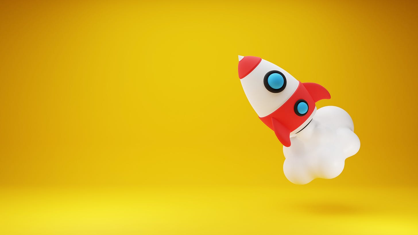 red and white cartoon rocket in mid-air against a yellow background.