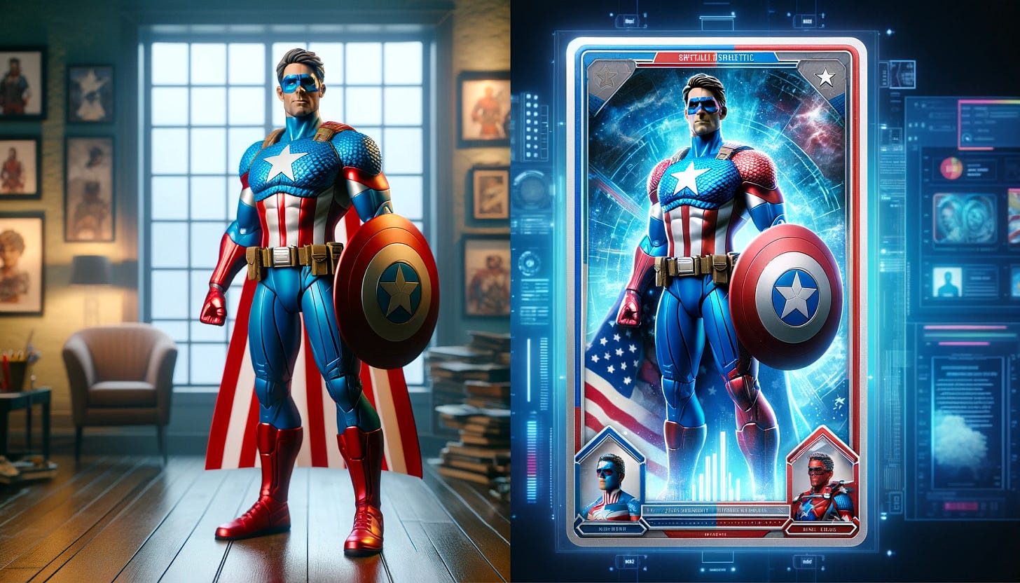 Create a split image showcasing two versions of a patriotic superhero action figure. On the left side, depict a realistic, detailed action figure wearing a costume with red, white, and blue motifs, holding a shield with a star emblem. On the right side, show a digital card version of the same superhero, stylized and vibrant, with digital effects that highlight its virtual nature. The background of each side should complement the version of the superhero it's showcasing: the action figure side with a tangible room setting, and the digital card side with a futuristic, digital backdrop. This visualization aims to contrast the physical and digital renditions of a beloved superhero, emphasizing the transition from tangible collectibles to digital assets.