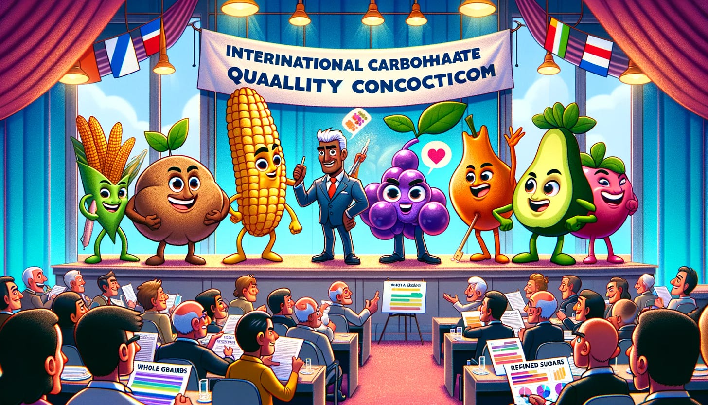 Illustrate a 16:9 cartoon featuring a diverse group of animated characters, each representing different types of carbohydrates - whole grains, fruits, vegetables, and refined sugars - engaging in a friendly debate. The scene is set in a colorful, imaginative conference room with a banner reading 'International Carbohydrate Quality Consortium'. The characters display playful expressions, emphasizing the diversity in carbohydrate quality. The whole grains character is depicted as strong and vibrant, fruits and vegetables are lively and energetic, while the refined sugars character looks a bit mischievous but still part of the group. The setting is filled with props related to nutrition and health, such as charts comparing glycemic indexes, dietary fiber content, and visual aids promoting balanced eating.