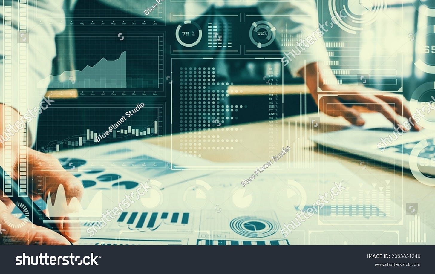 Business intelligence technology and big data analytic mixed media showing concept of futuristic information report using computer software to analyze strategic investment advice for decision making .