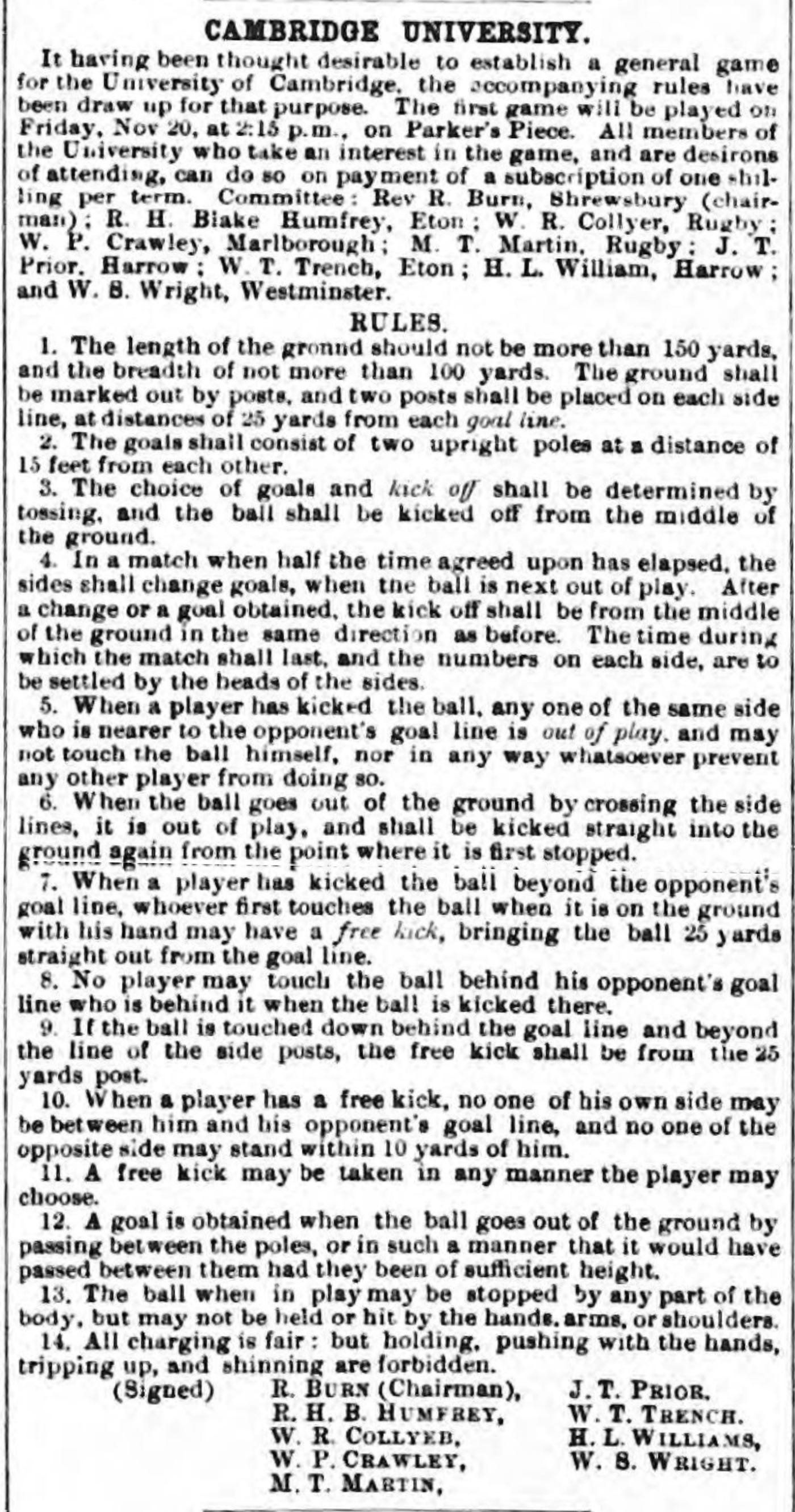 1863 Cambridge Football Laws