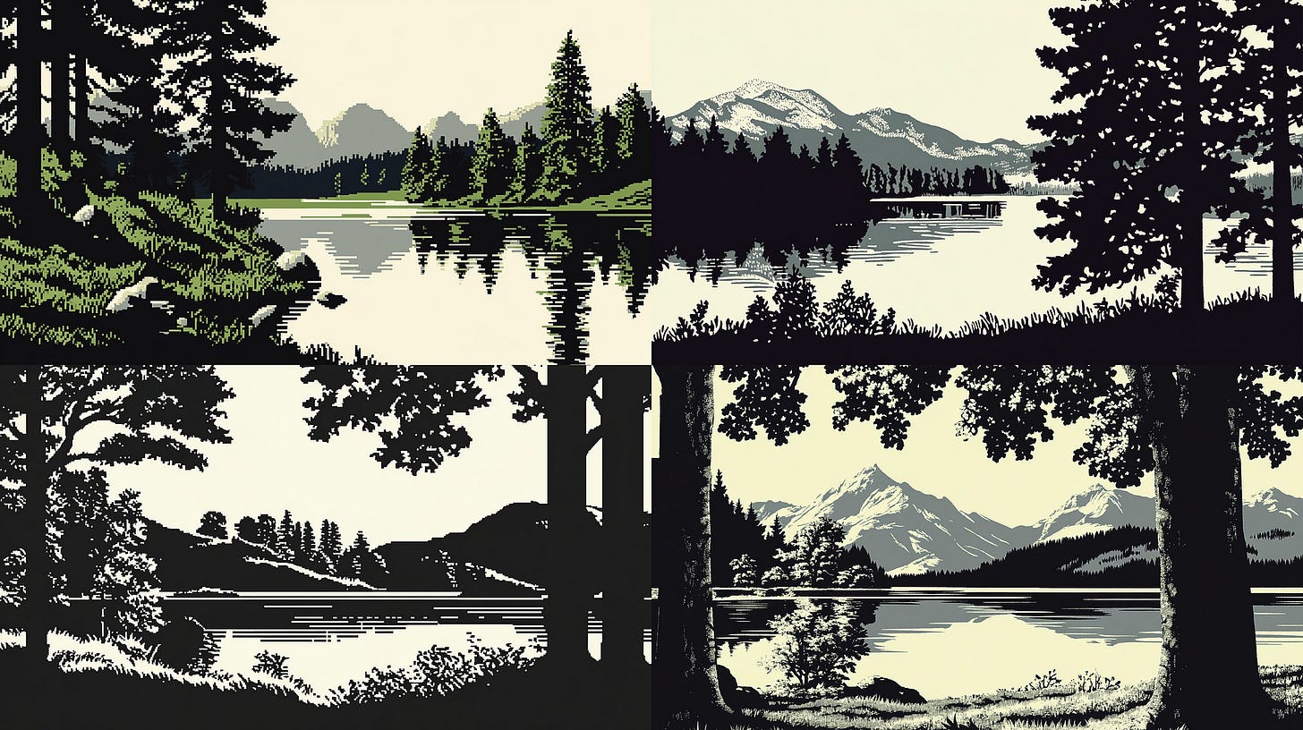 /imagine prompt: an illustration of a landscape with a lake — sref 4188538948 — sw 100 — ar 16:9 — v 6.1