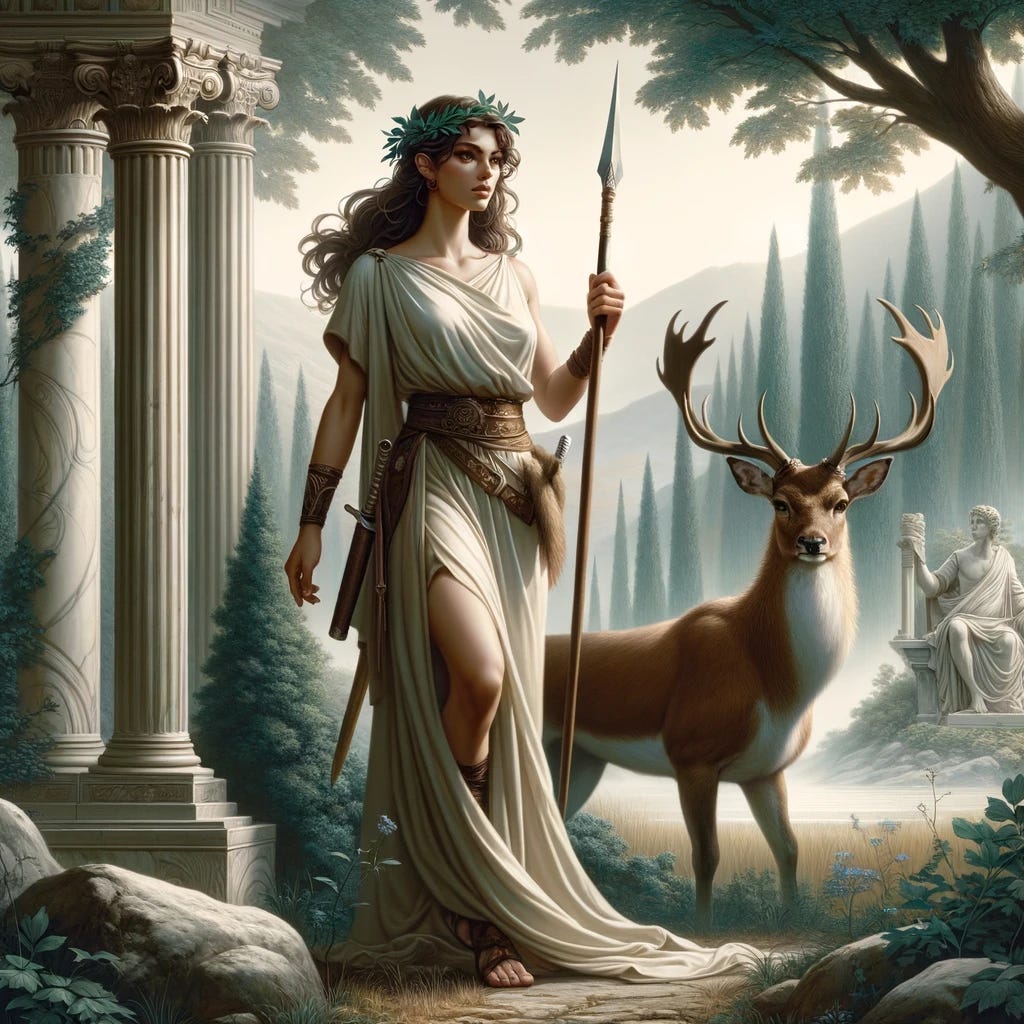 Illustrate the Huntress archetype in a style reminiscent of Greco-Roman paintings. This character exudes independence, mastery over nature, and protective instincts. She is depicted in a serene yet commanding pose within an ancient forest, akin to the classical landscapes seen in Greco-Roman art. Dressed in a simple yet elegant tunic, she holds a spear, symbolizing her prowess as a hunter and warrior. Beside her, a majestic stag stands, representing her deep connection to the animal kingdom. The background features classic Greco-Roman elements such as marble columns partially enveloped by the forest, and a distant temple on a hill, under a soft, ethereal light. This artwork captures the timeless beauty and strength of the Huntress, blending the ancient with the natural world.