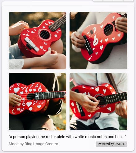 Four close-up images of people playing a red ukulele