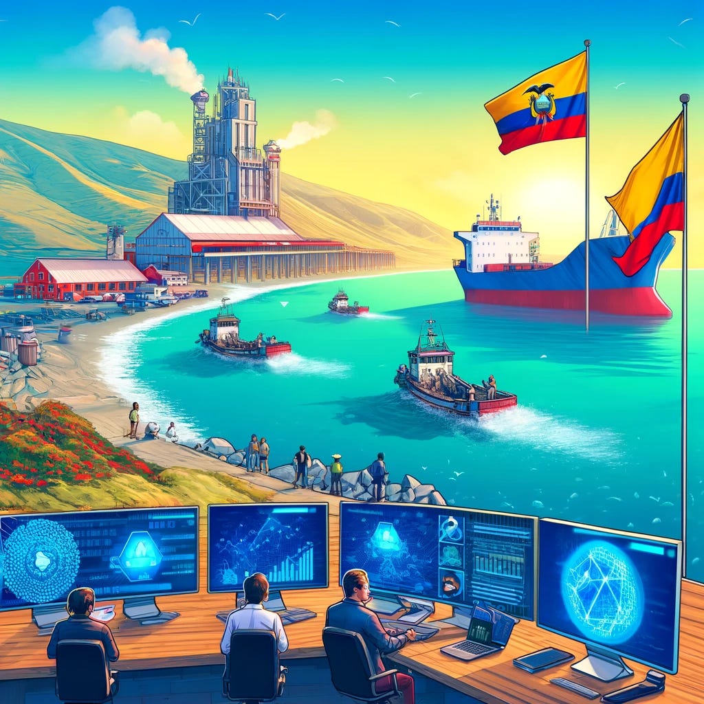 A vivid illustration depicting the use of blockchain technology in the fisheries sector to increase efficiency and sustainability. The image shows a coastal scene in Ecuador with fishing boats at sea and a high-tech facility onshore. Inside the facility, diverse professionals are engaged with digital screens showing blockchain data analytics related to fish tracking and sustainability reports. The sky is clear and the ocean vibrant, symbolizing a sustainable and technologically advanced future for the fishing industry. The presence of national flags emphasizes the involvement of local companies and the government in these initiatives.