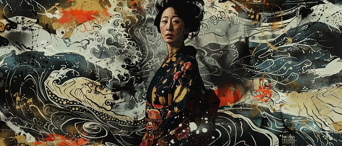 This image portrays a woman in traditional Japanese attire against a tumultuous backdrop of swirling ocean waves, rendered in a dramatic and modern graphic style. The intense, dark color palette and dynamic textures, accented with splashes of gold and red, evoke a sense of both the beauty and power of nature intertwined with human emotion and cultural heritage.