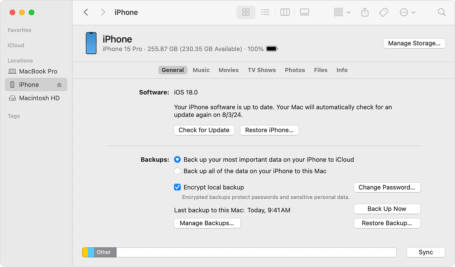 A Finder window showing iPhone selected in the sidebar A Finder window showing iPhone selected in the sidebar