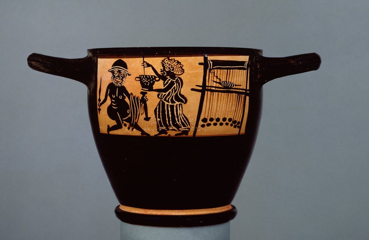 Boeotian black-figure skyphos, decorated with a scene of Odysseus being given a drugged potion by Circe, from the workshop of the Mystae Painter, from Thebes, Boeotia, late 5th century BC (ceramic) (r by Greek