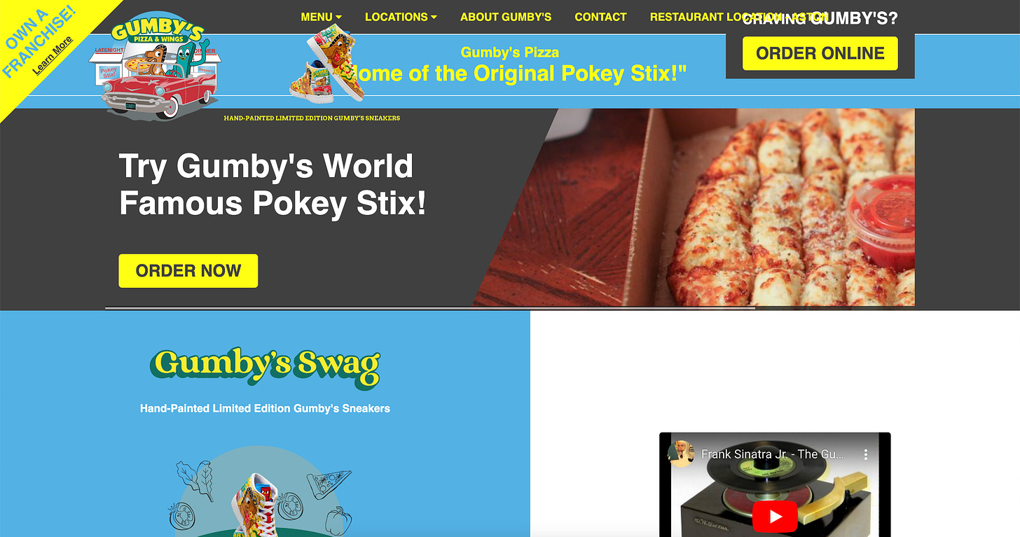 A screenshot of the Gumby's Pizza homepage, advertising "Gumby's world famous Pokey Stix"