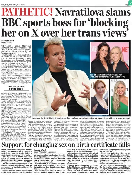 PATHETIC! Navratilova slams BBC sports boss for ‘blocking her on X over her trans views’ Daily Mail12 Jun 2024By Paul Revoir Media Editor  Row: Alex Kay-Jelski. Right, JK Rowli■g a■d Sharro■ Davies, who have spoke■ out agai■st tra■s athletes i■ wome■’s sport TENNIS legend Martina Navratilova has branded the BBC’s new sports chief ‘pretty pathetic’ after claiming he blocked her on X.  Ms Navratilova reacted angrily after an article written by Alex Kay-Jelski – who took up the role as the corporation’s sports boss this month – about trans competitors in women’s sport was circulated on social media.  In the 2019 article for The Times, Mr Kay-Jelski had claimed that while Ms Navratilova was an ‘important’ and ‘influential’ voice on the issue, she and former Olympic swimmer Sharron Davies were ‘not experts’.  Both former international sportswomen have been outspoken against people who were born as biological males competing in female sports events.  The piece also said her stance ‘marginalises totally unthreatening people’ and suggested the idea of having separate categories for trans athletes was comparable to having ‘special categories for Jamaican sprinters and Ethiopian marathon runners’. He wrote: ‘Sounds mad doesn’t it? Nasty, even.’  After an X user drew attention to the article, Ms Navratilova replied: ‘This is pretty pathetic – never heard of this man, looked him up here and found myself blocked.  ‘Once again, good to know that men apparently know what women like myself and Sharron know about biology and sports etc. Just amazing to be this confident, no?’  The row then drew in Harry Potter author J.K. Rowling – who has also spowebsite ken out about protecting spaces for biological women. She wrote: ‘I’d say it’s unbelievable for a man in his position to say these things at all, let alone block you, and yet, given the shameful state of the BBC’s reporting on the women’s rights/gender issue, it’s utterly predictable.’  It is understood that Mr KayJelski, Director of BBC Sport, had blocked the nine-time Wimbledon champion but has now unblocked her. The BBC declined to comment. The row is embarrassing as earlier this week the Corporation unveiled Ms Navratilova, who is married to Russian ex-model Julia Lemigova, as part of its Wimbledon line-up next month. She will ‘reflect on the day’s matches’ along with the likes of John McEnroe, Billie Jean King and Tim Henman.  Mr Kay-Jelski, who was sports editor at The Times and also previously worked for the Daily Mail, is joining the BBC from sports The Athletic where he was editor-in-chief.  In March 2019, while working at The Times, his article about trans athletes said: ‘[Ms Davies] and Martina Navratilova are important, influential voices who speak for many women on this topic.  ‘They, like most of us, are not experts though. And while it’s important to hear and respect people’s views, I disagree and worry a circus is being created out of something that a) is not a huge problem in sport and b) further marginalises totally unthreatening people and creates a narrative of fear around them.’  He added: ‘I also don’t see evidence of this supposed crusade to obliterate women’s sport. And in creating one, we are making a group of vulnerable people feel victimised when they’ve already been through hell. It has been suggested that they should compete in their own special category... What about special categories for Jamaican sprinters and Ethiopian marathon runners, whose genetics has been shown to give them an advantage over their rivals? Sounds mad doesn’t it?’  The BBC’s chief content officer Charlotte Moore said in April when Mr Kay-Jelski’s appointment was announced that he is ‘a dynamic and creative editorial leader who has a clear vision’.  ‘Not an expert on the issue’  Article Name:PATHETIC! Navratilova slams BBC sports boss for ‘blocking her on X over her trans views’ Publication:Daily Mail Author:By Paul Revoir Media Editor Start Page:13 End Page:13