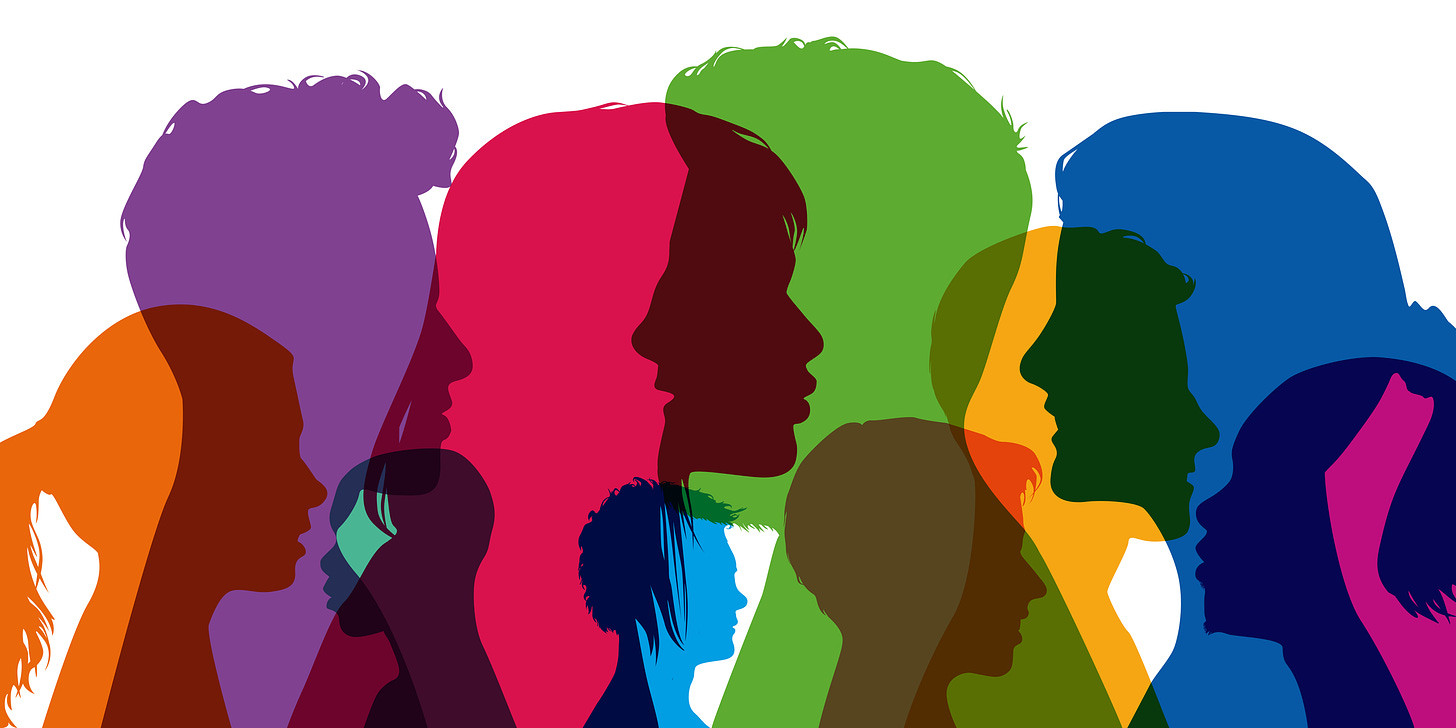 Different colored silhouettes of diverse people's heads, facing different directions and overlapping colors.