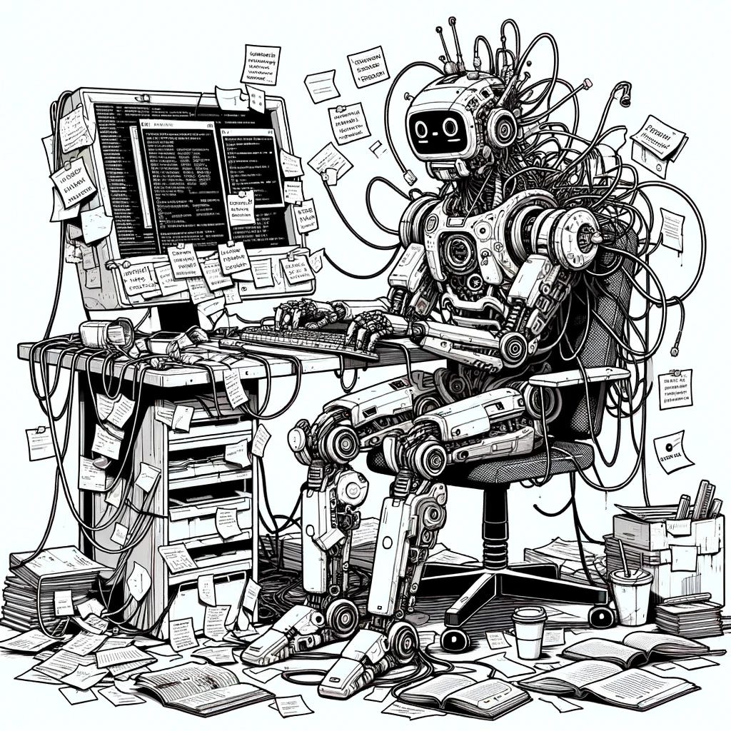 A line art drawing of a frazzled robot sitting at a computer terminal, its design more harried with wires disheveled and panels slightly ajar, suggesting a state of overload. The robot is surrounded by open manuals and sticky notes with reminders, embodying a sense of urgency. Its articulated limbs are typing and troubleshooting at a rapid pace, while its screen-face flickers between different test case results and error messages. The environment retains a futuristic, minimalist vibe, but now includes scattered coffee cups and paperwork, enhancing the chaotic atmosphere.