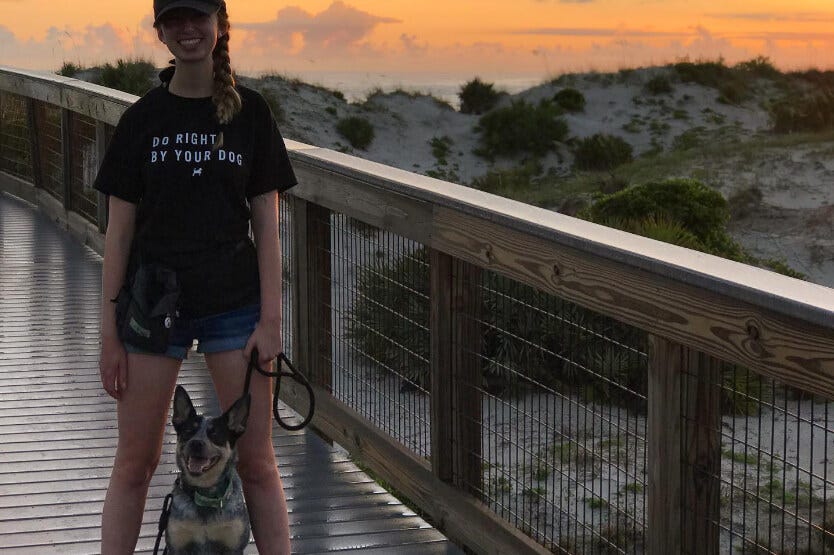 Scout the blue heeler enjoying a sunrise at Smyrna Dunes Park, a dog-friendly beach