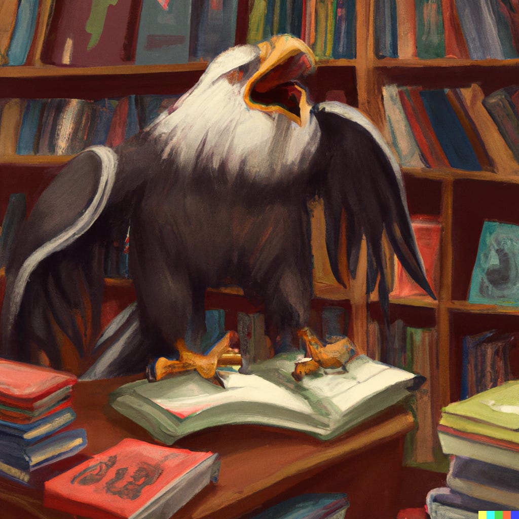 Illustration of a bald eagle in a bookstore, generated by DALL-E