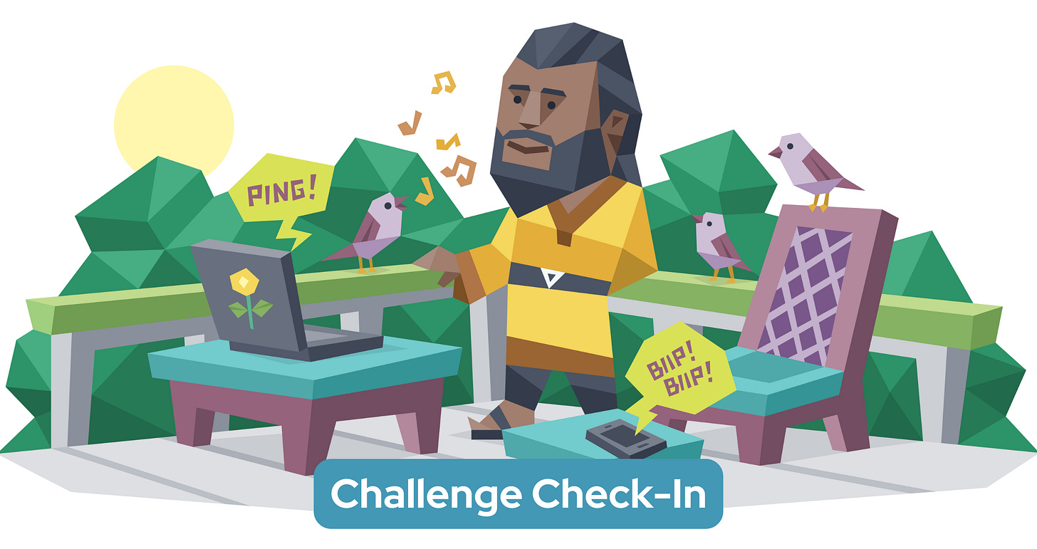 A man receives notifications on his mobile phone and laptop while birds chirp in the background. Text reads "Challenge Check-In"