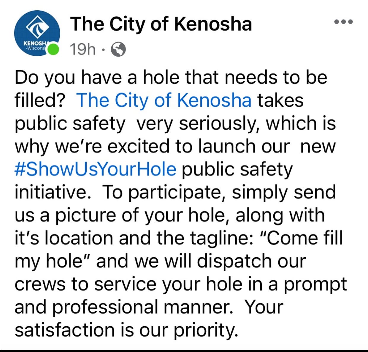A fake City of Kenosha municipal page making multiple puns about filling "holes" with the hashtag #showusyourhole