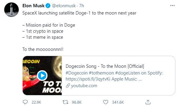 Elon Musk's SpaceX (SPACE) to launch dogecoin-funded satellite to the moon  in 2022 | Seeking Alpha