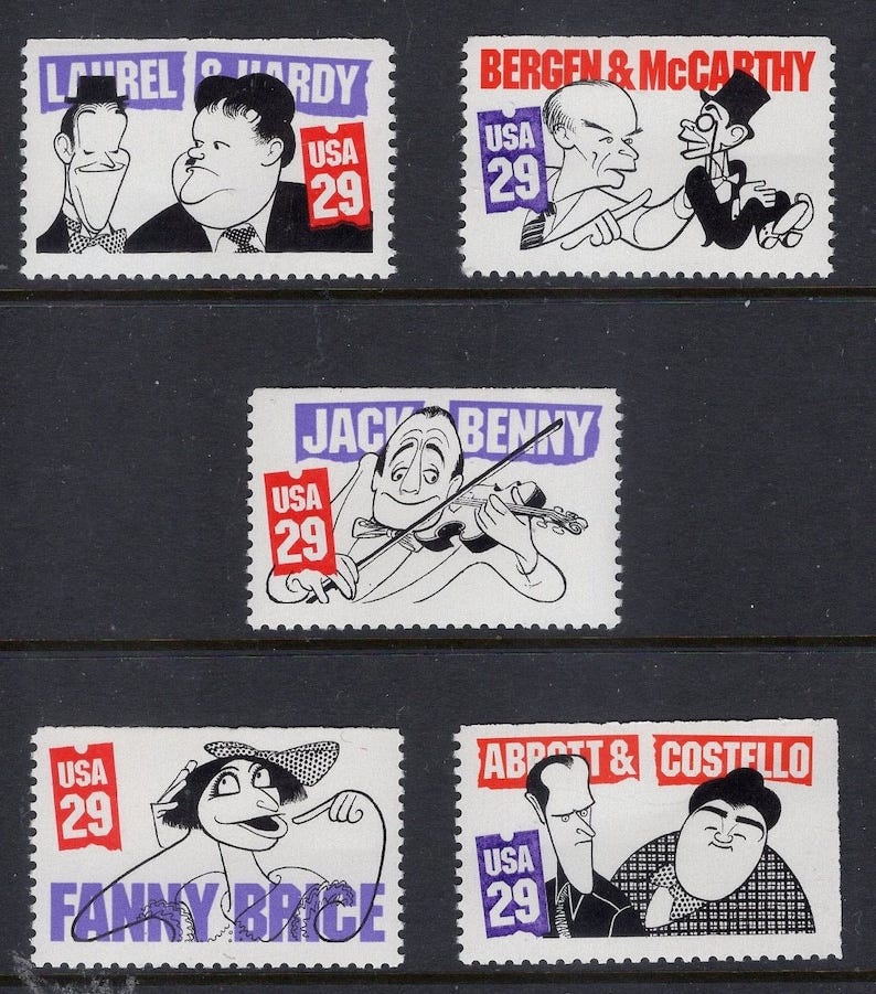 5 CLASSIC COMEDIANS LAUREL Hardy Jack Benny Abbott Costello Brice Edgar Bergen Stamps Bright Fresh Vintage 1991 Stock 2562-FreeUSA Ship image 1