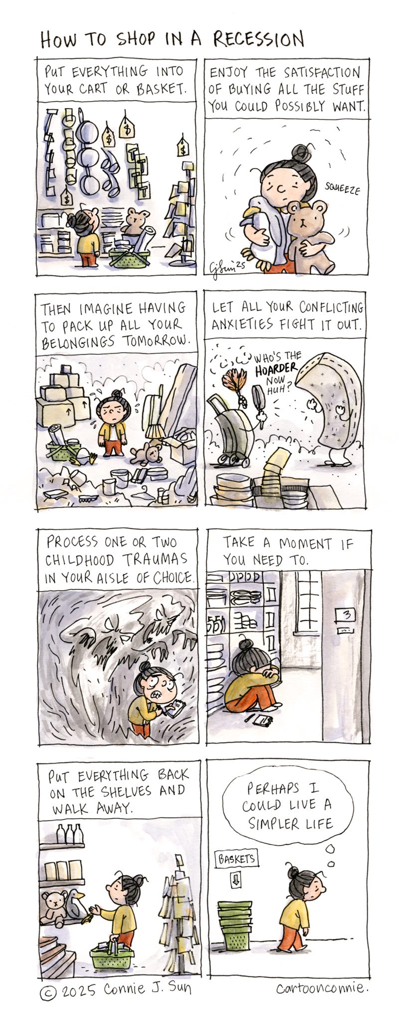 2-page comic strip about shopping when worried about money and trying to find an upside, titled "How to Shop in a Recession," by Connie Sun, cartoonconnie, 2025. Ink and watercolor on paper. 