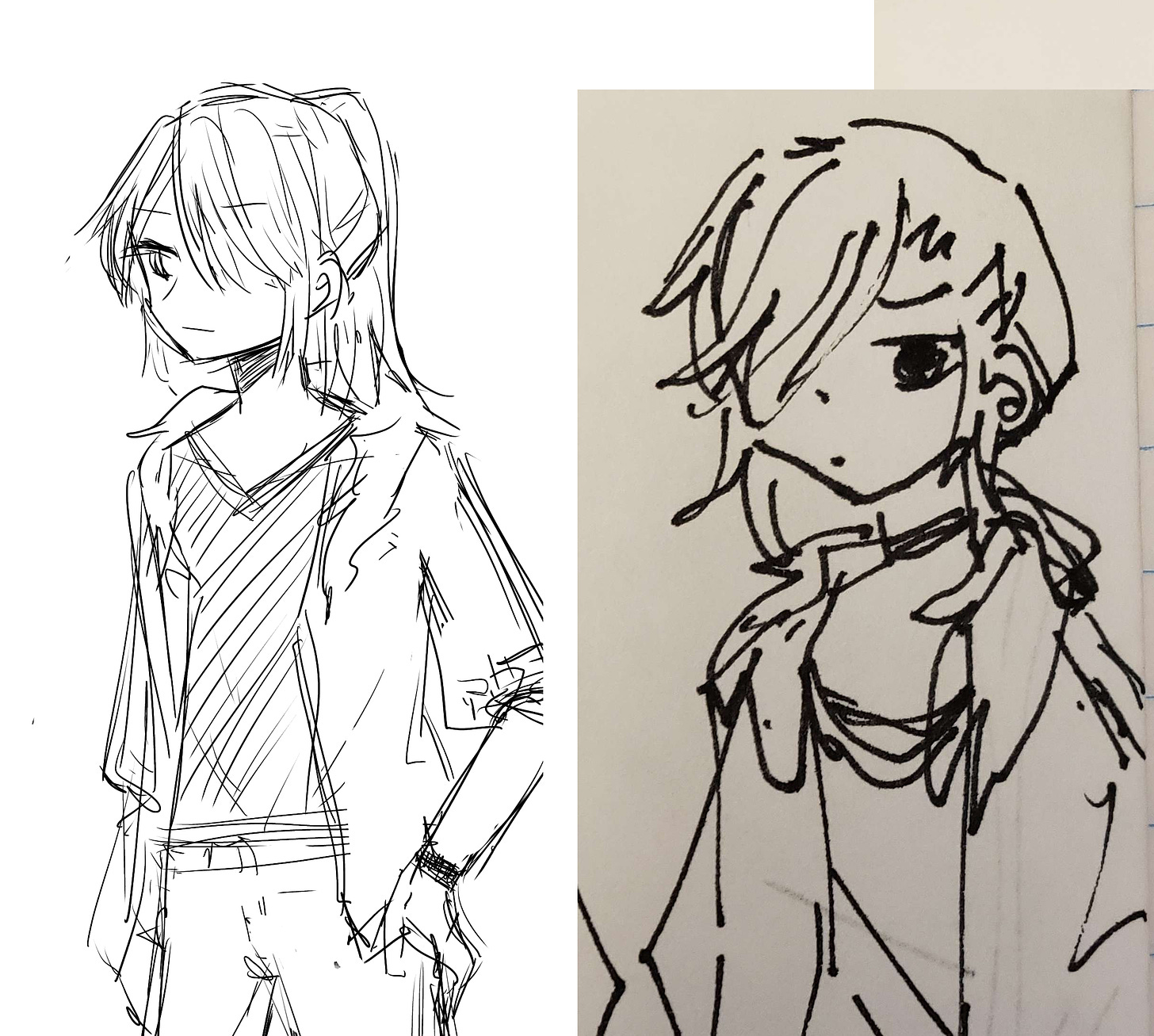 rough sketches of Hailu with ponytail and rough bangs