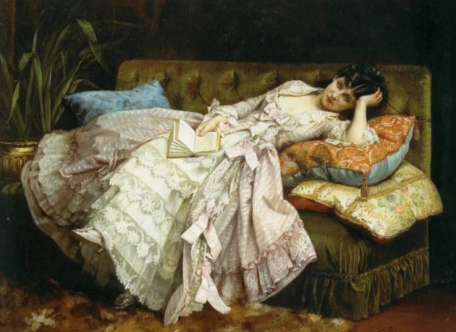 Regency painting of a wealthy woman lounging on a sofa with a book.