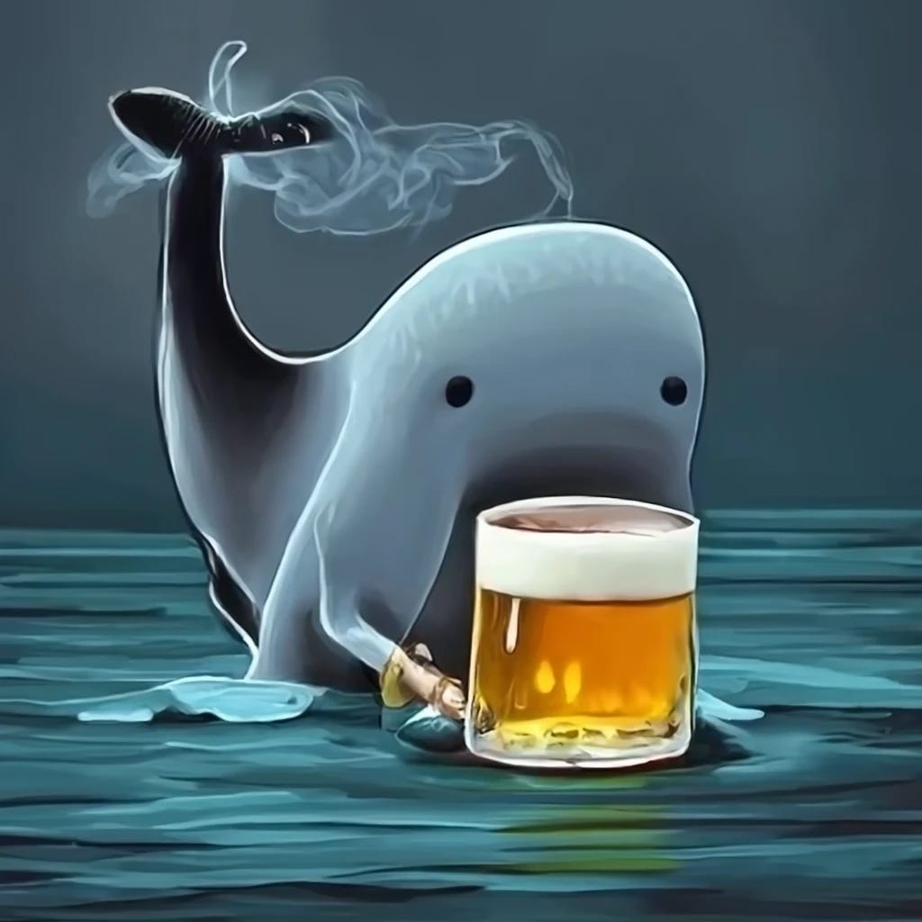 retired whale drinking beer and smoking cigar wearing a hat