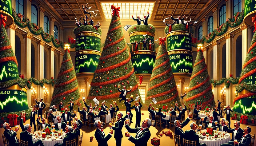 A grand ballroom with Christmas trees and soaring stock market charts