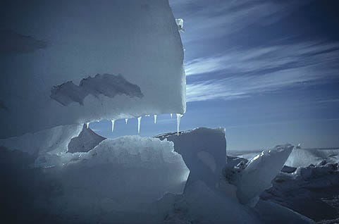 ice formation in antarctica looks like a monster head with giant teeth