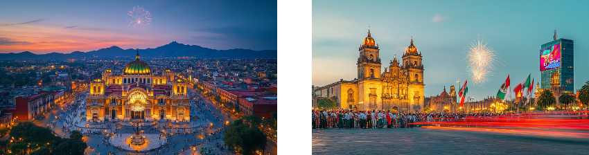 A side-by-side image of Mexico City at dusk: on the left, the illuminated Palacio de Bellas Artes with fireworks above; on the right, the Metropolitan Cathedral in the Zócalo with crowds, fireworks, and Mexican flags.