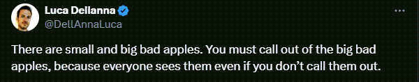 A Twitter post reads: There are small and big bad apples. You must call out of the big bad apples, because everyone sees them even if you don’t call them out.