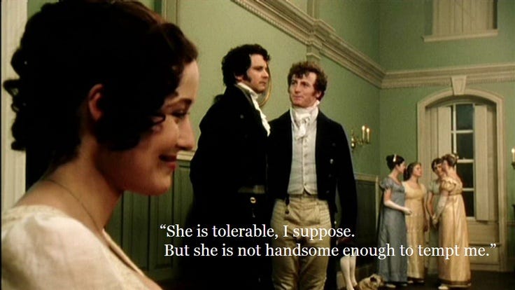 Lizzy Bennet is laughing in the foreground because she can overhear Bingley saying that "she is tolerable, I suppose. But she is not handsome enough to tempt me." 