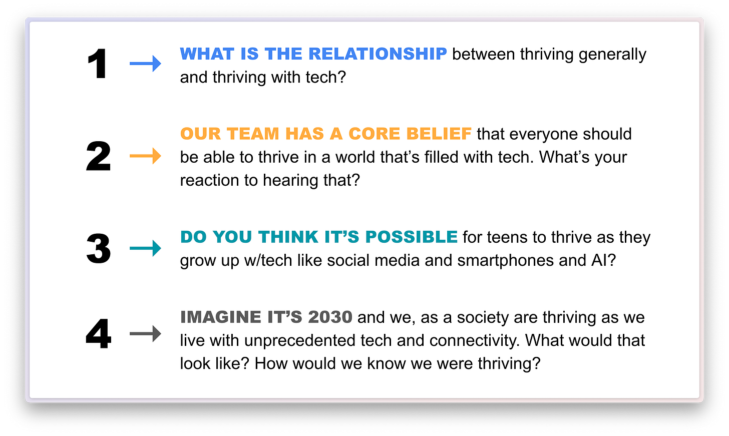 1. WHAT IS THE RELATIONSHIP between thriving generally and thriving with tech? 2. OUR TEAM HAS A CORE BELIEF that everyone should be able to thrive in a world that’s filled with tech. What’s your reaction to hearing that? 3. DO YOU THINK IT’S POSSIBLE for teens to thrive as they grow up w/tech like social media and smartphones and AI? 4. IMAGINE IT’S 2030 and we, as a society are thriving as we live with unprecedented tech and connectivity. What would that look like? How would we know we were thriving?