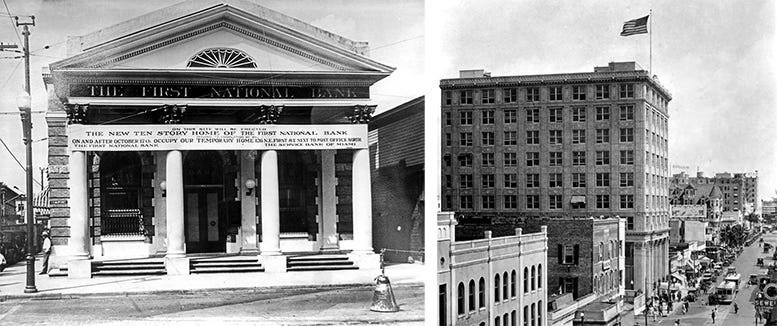 Composite of the two First National Bank buildings on the northeast corner of East First Avenue and Flagler Street.