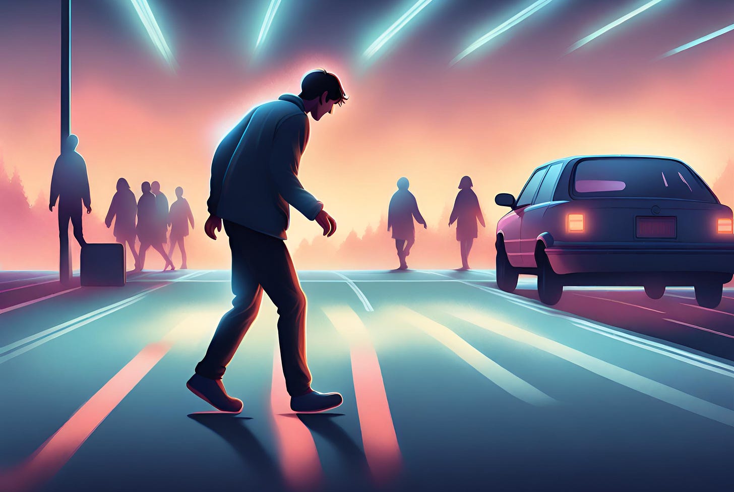 Illustration of a person walking in a parking lot