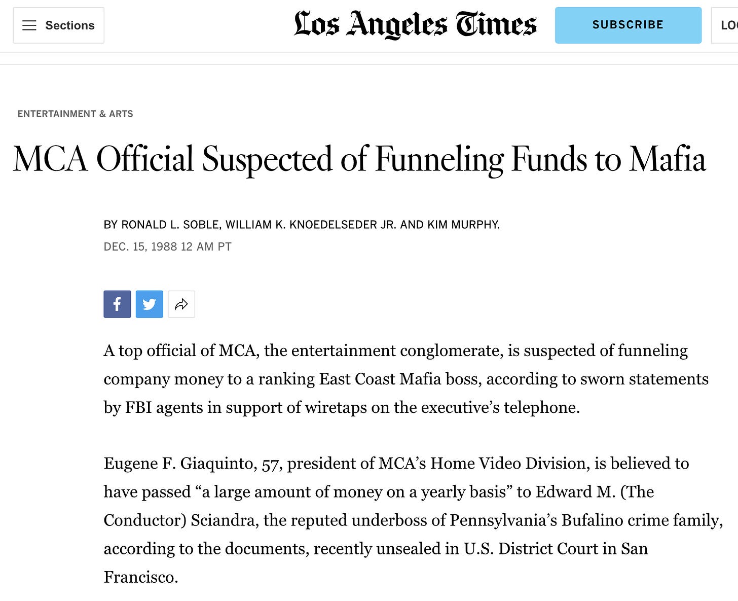 A top official of MCA, the entertainment conglomerate, is suspected of funneling company money to a ranking East Coast Mafia boss, according to sworn statements by FBI agents in support of wiretaps on the executive’s telephone.  Eugene F. Giaquinto, 57, president of MCA’s Home Video Division, is believed to have passed “a large amount of money on a yearly basis” to Edward M. (The Conductor) Sciandra, the reputed underboss of Pennsylvania’s Bufalino crime family, according to the documents, recently unsealed in U.S. District Court in San Francisco.  The money allegedly flowed to Sciandra through a Clifton, N.J.-based company, North Star Graphics, which has a $12-million to $15-million a year contract to package MCA’s home videocassettes, including the top-selling “E.T.: The Extra Terrestrial,” according to the affidavits. The documents do not say how much money allegedly went to Sciandra.