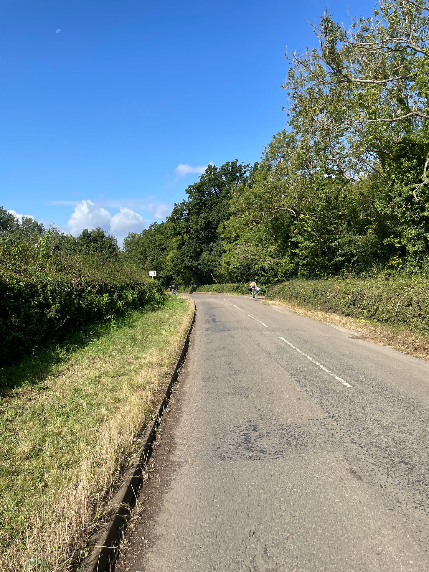 a relatively small country road with brush on the left and trees on the right. A man is walking in the distance carrying camping gear.