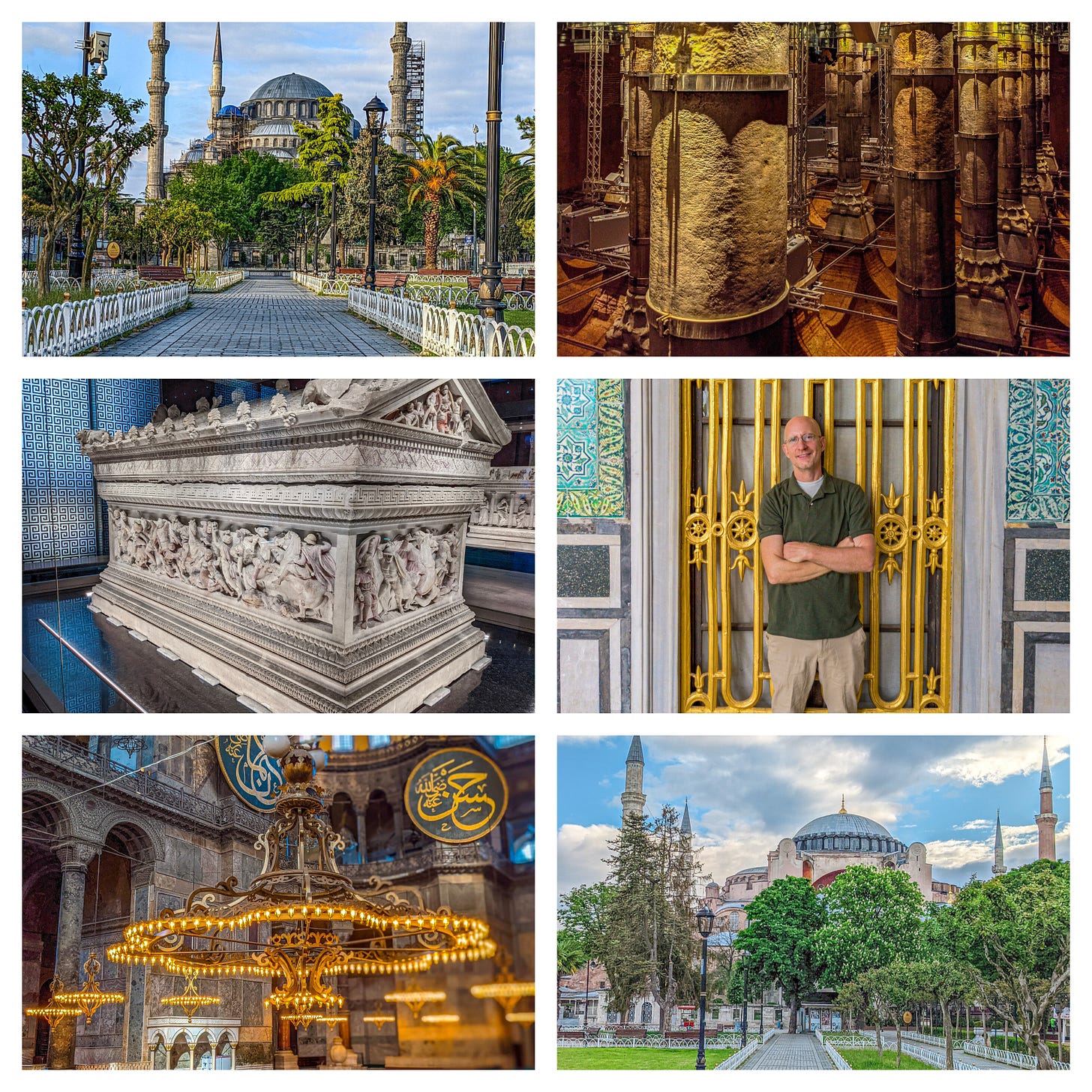 Six pictures showing the exterior of Hagia Sophia and the Blue Mosque and the support pillars of the Theodosious Cistern; Alexander's Sarcaphogus, and Brent in Topkapi Palace