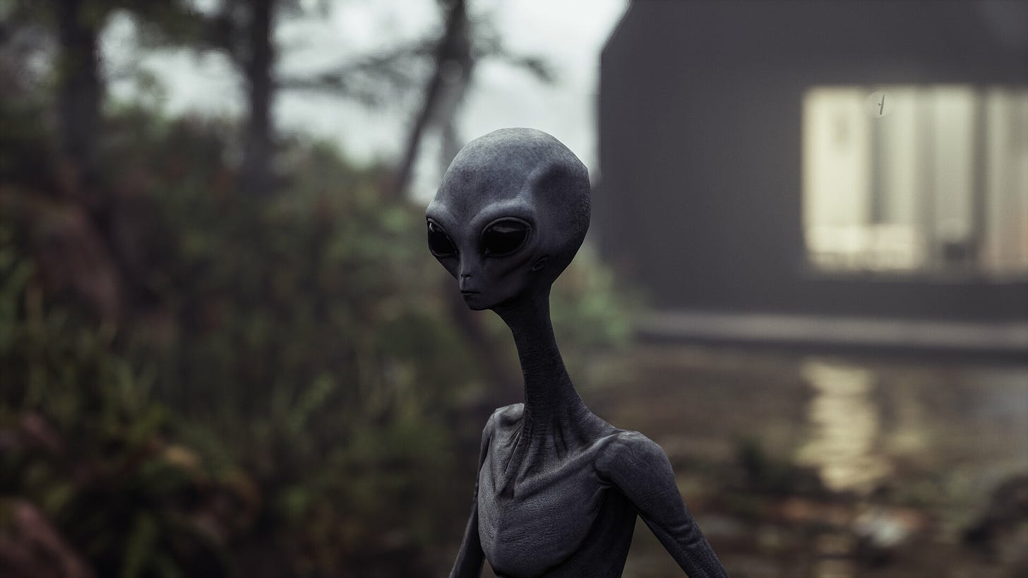 Grey alien in a forest render with unreal engine 4,25