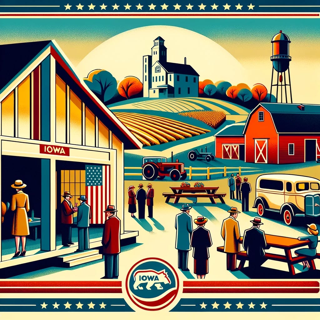 A 1950s art deco style illustration with a rural Iowa theme, capturing the essence of the Iowa caucuses in the United States presidential primaries. The image should depict a small-town setting, perhaps a community center or a barn, where locals gather for political engagement. The scene should include elements like farmland, barns, and vintage tractors, reflecting the agricultural heartland of Iowa. The art deco style should blend with this rural setting, featuring elegant geometric forms and a color palette reminiscent of the 1950s. Details like flags, banners, and period-appropriate clothing will emphasize the political atmosphere. Ensure no text is included in the image.