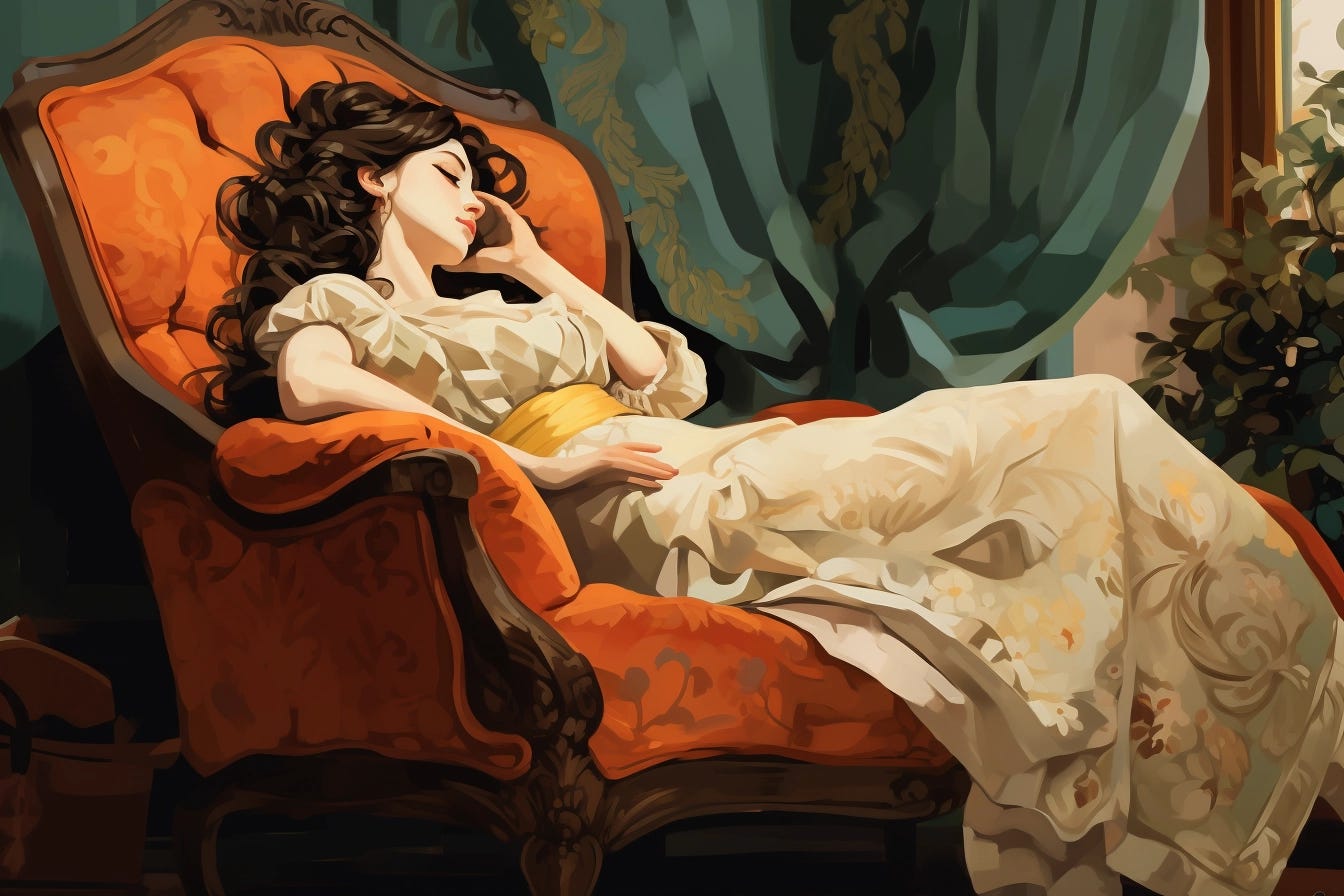 An illustration of a woman in a beautiful cream colored dress lounging on a vintage orange armchair, with dark wood details. She looks relaxed and calm.
